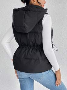 SHEIN Frenchy Drawstring Waist Zipper Hooded Vest Padded Coat - Black - View 2