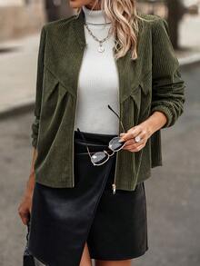 SHEIN Clasi 拉鏈開襟燈芯絨夾克 - 軍綠色 - 查看 3