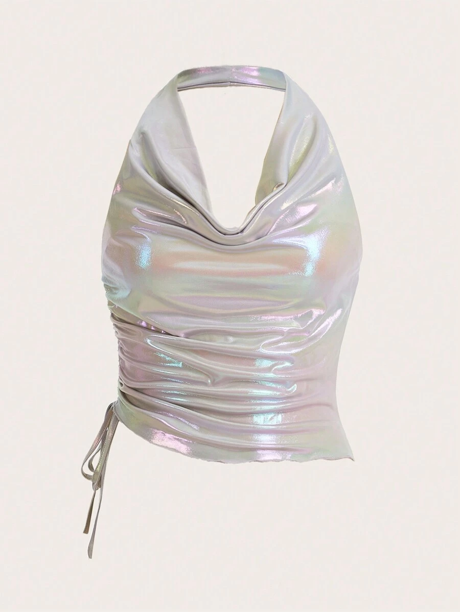 SHEIN ICON 前垂褶側抽繩掛脖上衣 - 銀色 - 查看 1