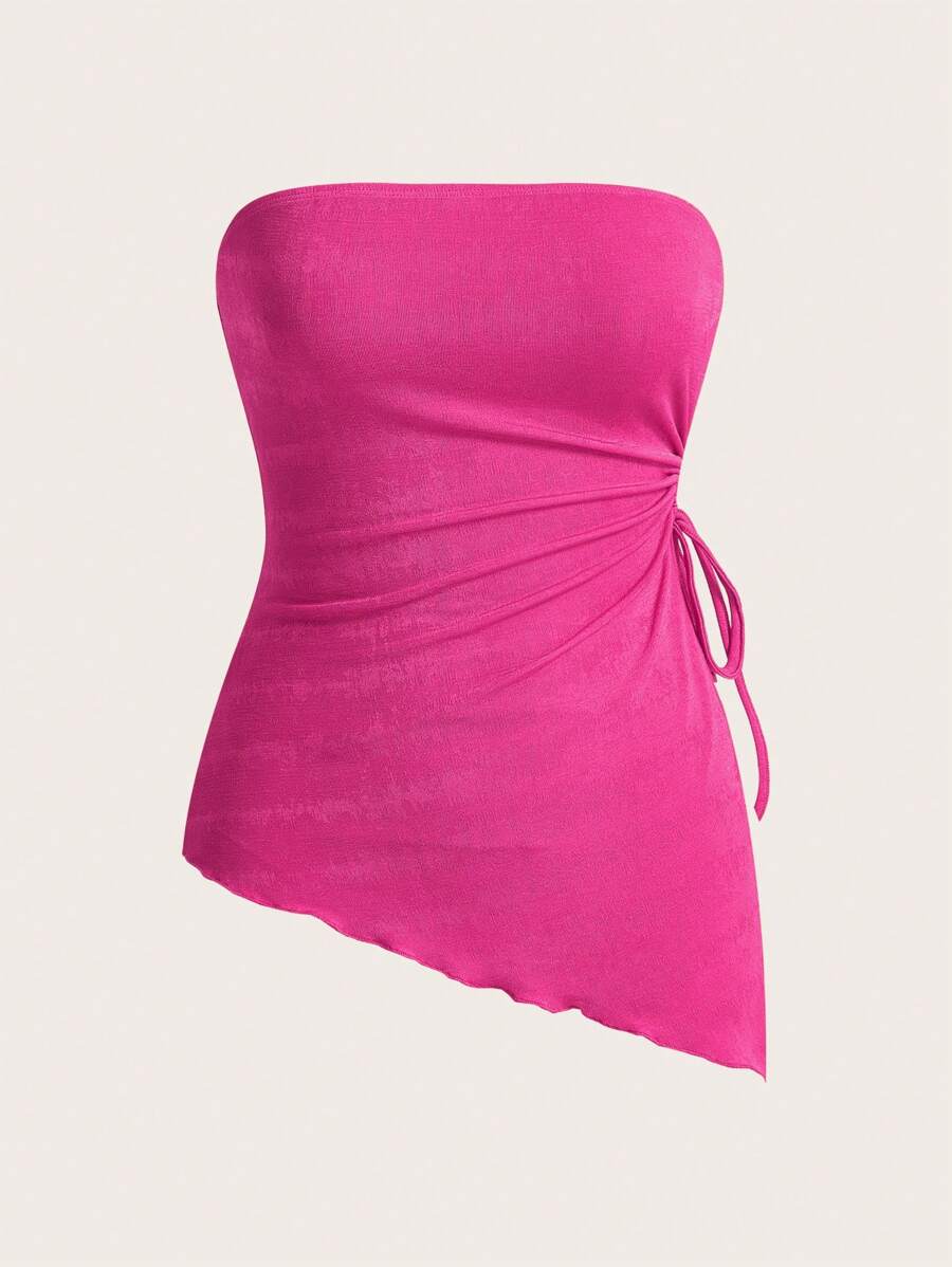 SHEIN EZwear Summer Outing Drawstring Side Asymmetrical Hem Tube Top - Hot Pink - View 1