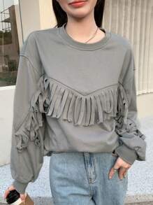 DAZY Áo nỉ hở vai tua rua, nhún bèo, quần áo mùa thu - Xám - Xem 3