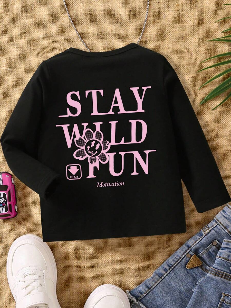 SHEIN 女小童休閒和可愛卡通和標語印花圓領長袖T恤 - 黑色 - 查看 1