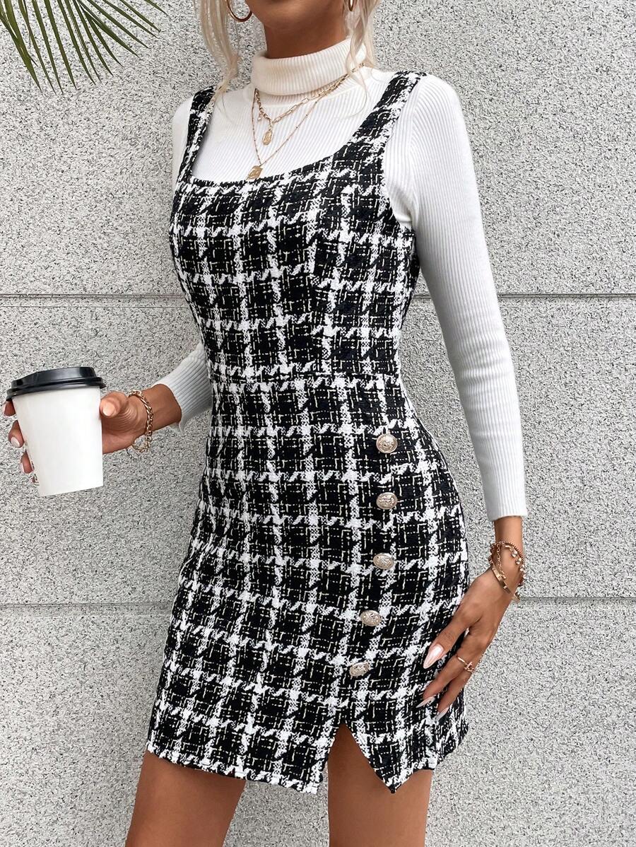 SHEIN Privé Vestido tipo peto de tweed con dobladillo dividido y estampado de pata de gallo sin suéter - Blanco y Negro - Ver 1