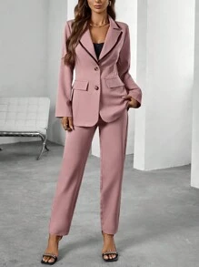 SHEIN Essnce Lapel Neck Single Breasted Blazer & Pants - Pink - View 4