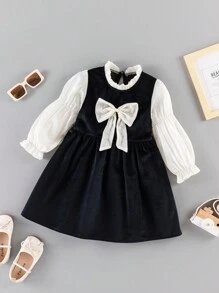 SHEIN 女小童前蝴蝶結荷葉袖褶邊領洋裝 - 黑色 - 查看 1
