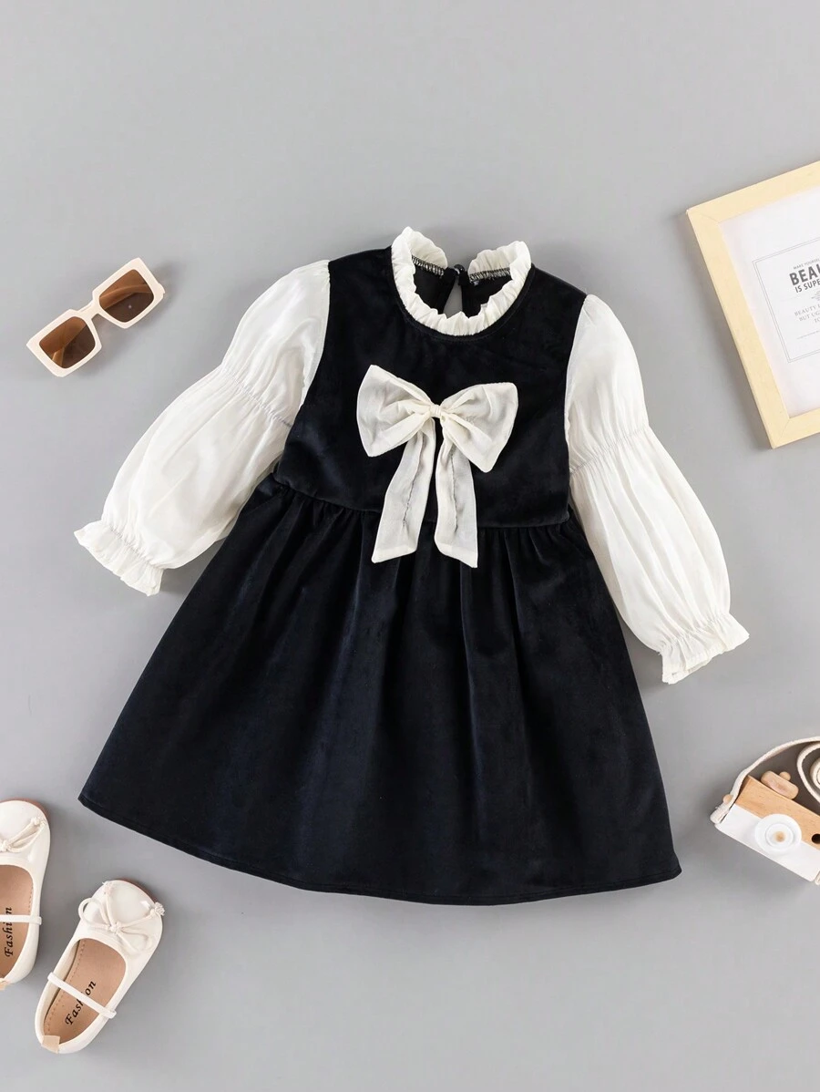 SHEIN 女小童前蝴蝶結荷葉袖褶邊領洋裝 - 黑色 - 查看 1