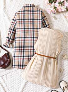 SHEIN Cô gái Tween In kẻ sọc Tay áo loe Váy sơ mi & Thắt lưng Áo len dài Áo vest - Nhiều màu - Xem 2