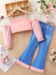 SHEIN Young Girl Cold Shoulder Flounce Sleeve Top & Ripped Flare Leg Pants - Multicolor - View 2