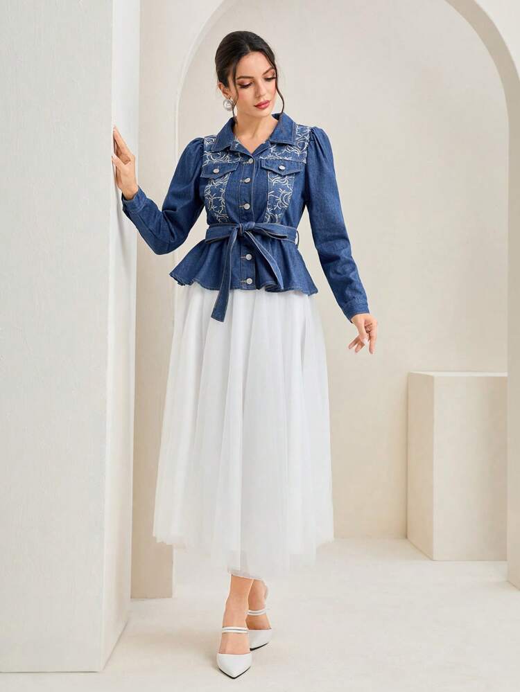 Embroidery Detail Belted Denim Blouse