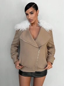 SHEIN SXY Áo khoác dáng dài có khóa kéo viền lông mềm mại, gợi cảm cho bữa tiệc đêm giao thừa. - Màu be - Xem 4
