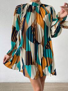 Breezaya Geo Print Flare Sleeve Pleated Detail Mock Neck Dress Vacation Beach Outfits Women Fall Cloth For Women - Multicolor - View 5