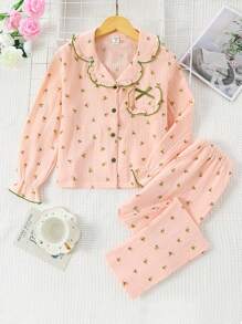 女大童碎花拼接滾邊荷葉袖睡衣套裝 - 粉色 - 查看 1
