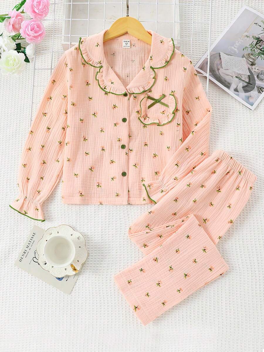 女大童碎花拼接滾邊荷葉袖睡衣套裝 - 粉色 - 查看 1