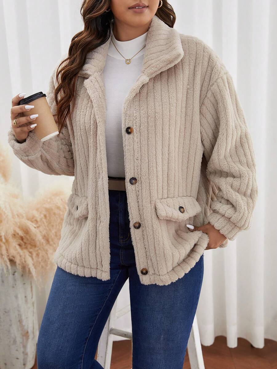 SHEIN Frenchy Plus Drop Shoulder Flap Detail Teddy Jacket Winter Fall Autumn