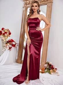 LOVE&LEMONADE Split Thigh Satin Formal Dress - Burgundy - View 4