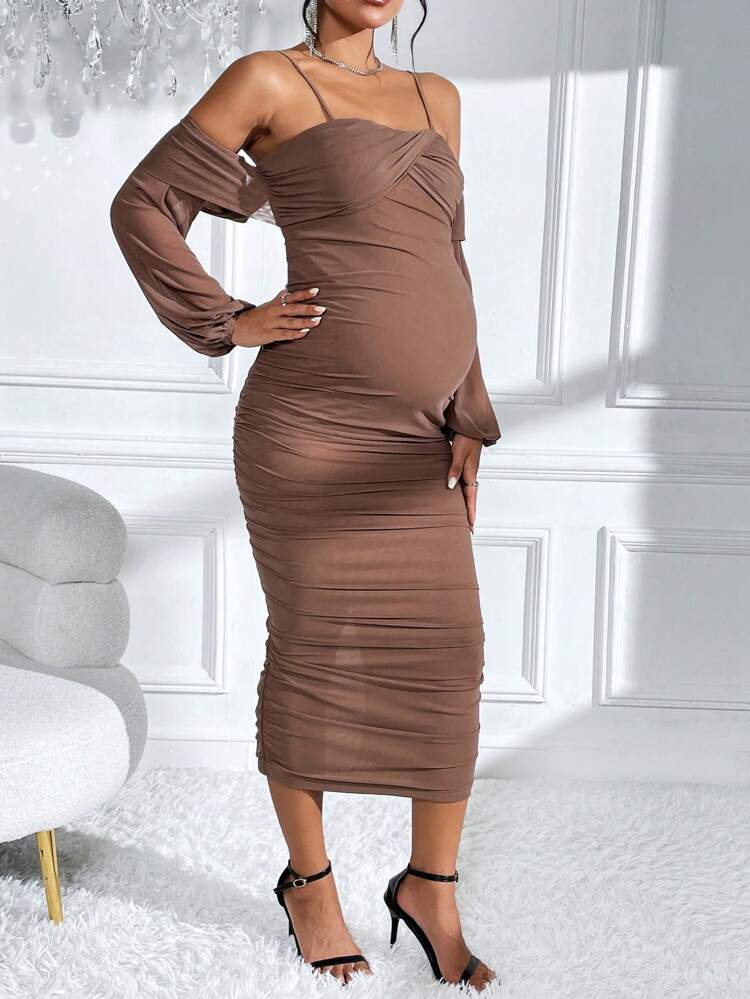Maternity Cold Shoulder Ruched Bodycon Dress