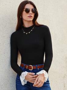 SHEIN Frenchy Mock Neck Contrast Lace Flare Sleeve Tee Casual Black - Black - View 2