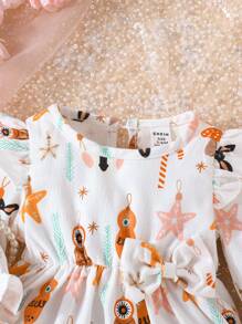 SHEIN 女嬰海星印花荷葉邊荷葉袖前蝴蝶結洋裝 - 彩色 - 查看 6