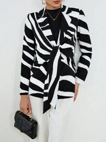 SHEIN Privé Allover Print Knot Front Blazer - Black and White - View 3