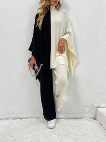 Two Tone Batwing Sleeve Sweater & Knit Pants - Black and White - View 3