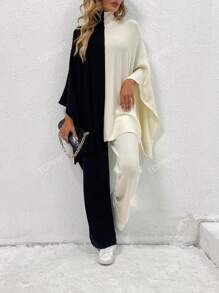 Two Tone Batwing Sleeve Sweater & Knit Pants