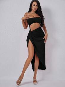 SHEIN SXY Cắt ra Mặt trước xoắn Tách đùi Váy ống - màu đen - Xem 4