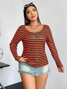 Flirla Plus Halloween Striped Print Half Zip Tee - Orange - View 7