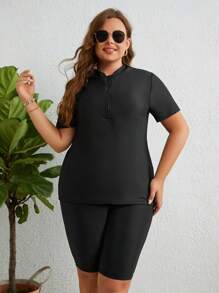 SHEIN Swim Curve Tankini con cremallera delantera y manga corta para tallas grandes - Negro - Ver 1