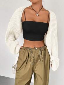 Flirla 素色開門襟落肩袖短款開衫 - 米色 - 查看 3