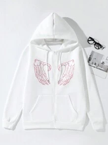 SHEIN Unity 骷髏手掌圖案拉鏈開襟抽繩加絨內裏連帽衫 - 白色 - 查看 1