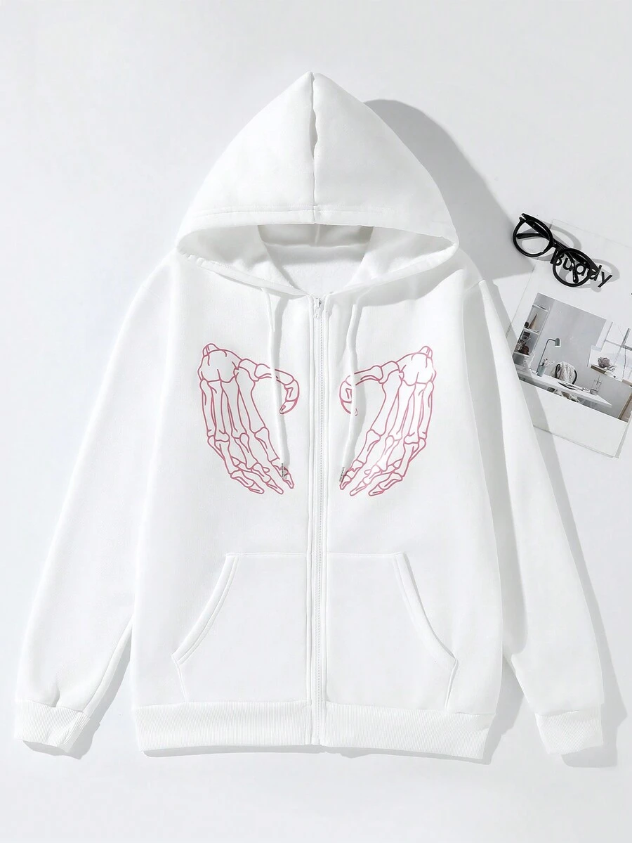 SHEIN Unity 骷髏手掌圖案拉鏈開襟抽繩加絨內裏連帽衫 - 白色 - 查看 1