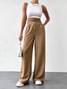 EURMUSE Wide Leg Suit Pants - Khaki - View 3