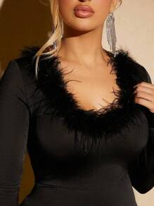 SHEIN SXY Fuzzy Trim Unitard Romper - Black - View 5