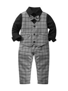 SHEIN 小男童1入組前蝴蝶結格紋背心和1入組長褲和1入組襯衫 - 灰色 - 查看 1