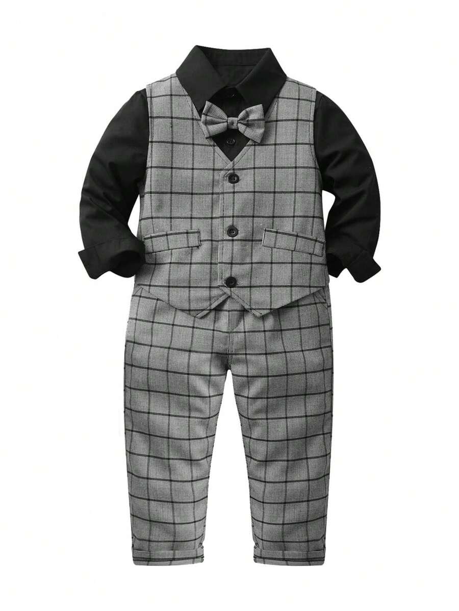 SHEIN 小男童1入組前蝴蝶結格紋背心和1入組長褲和1入組襯衫 - 灰色 - 查看 1