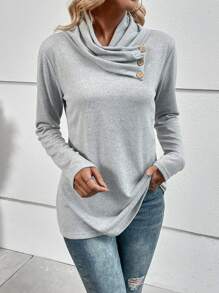 SHEIN LUNE Camiseta de cuello desbocado con diseño de botón - Gris Claro - Ver 4