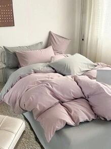 3pcs Pink & Gray Dormitory Bedding Set, Including 1pc Duvet Cover & 2pcs Pillowcases, Super Soft, Machine Washable, No Filling