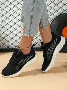 女士黑色休闲针织跑鞋，轻便运动运动鞋 - 黑色 - 查看 2