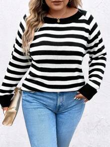 SHEIN LUNE Talla grande Jersey con patrón de rayas de manga raglán - Blanco y Negro - Ver 5