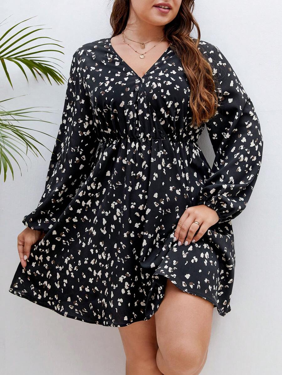 SHEIN Frenchy Hơn In Toàn bộ Tay áo lồng đèn Đầm - màu đen - Xem 1