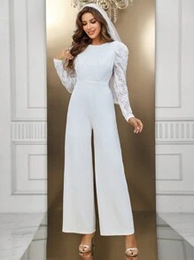 SHEIN Belle 蕾絲拼接闊腿連體褲