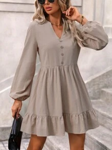 SHEIN LUNE Đầm Nút Viên lá sen màu trơn Giải trí - Màu Khaki - Xem 2