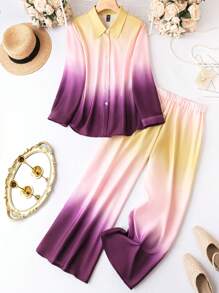 SHEIN LUNE Plus Ombre Shirt & Wide Leg Pants - Multicolor - View 1