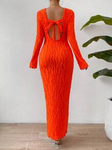 Chiquease Solid Flounce Sleeve Bodycon Dress Maxi Women Outfit Fall Cloth For Women - Orange - View 2
