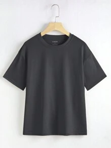 INAWLY Chất rắn Áo thun Thả vai - Màu xám đen - Xem 1