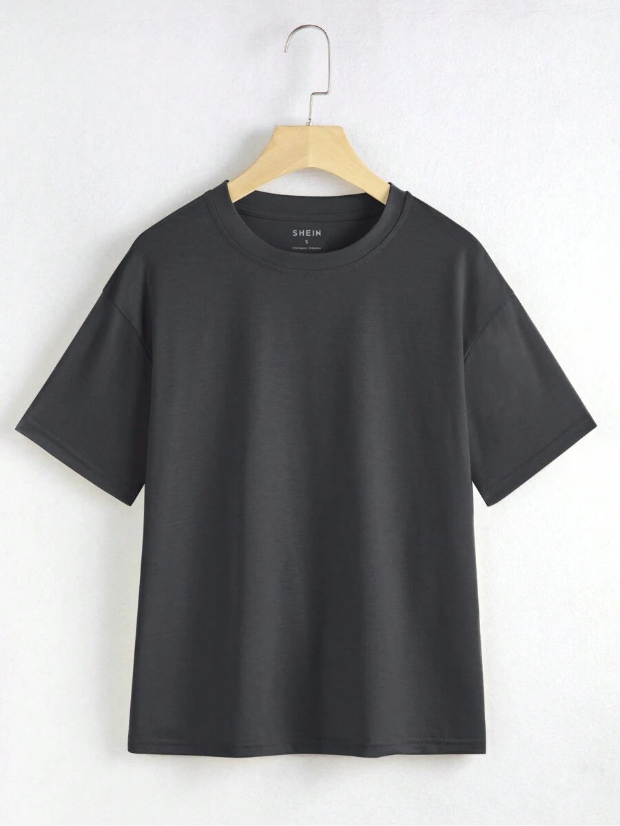 INAWLY Chất rắn Áo thun Thả vai - Màu xám đen - Xem 1