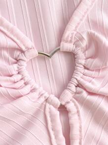 ROMWE Fairycore Plus Size Women's Heart Hollow Solid Cropped T-Shirt - Pink - View 3