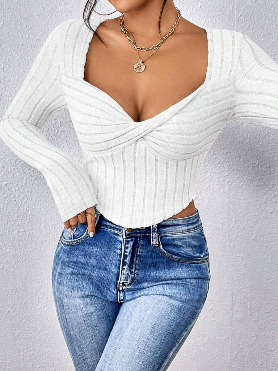 SHEIN Essnce Twist Front Sweetheart Neck Tee - White - View 1