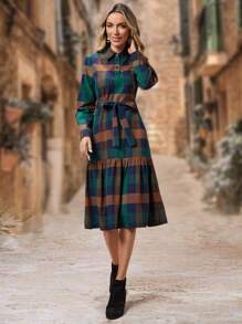 EMERY ROSE 格紋印花束帶襯衫洋裝