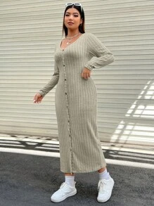 SHEIN EZwear Plus Button Through Ribbed Knit Dress - Khaki - View 3